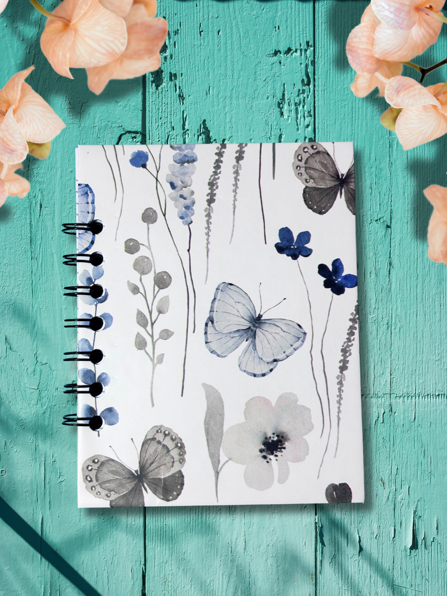 Blue and Grey Butterfly Floral Mini Notebook