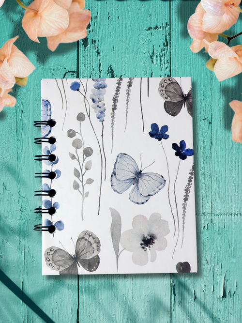 Blue and Grey Butterfly Floral Mini Notebook