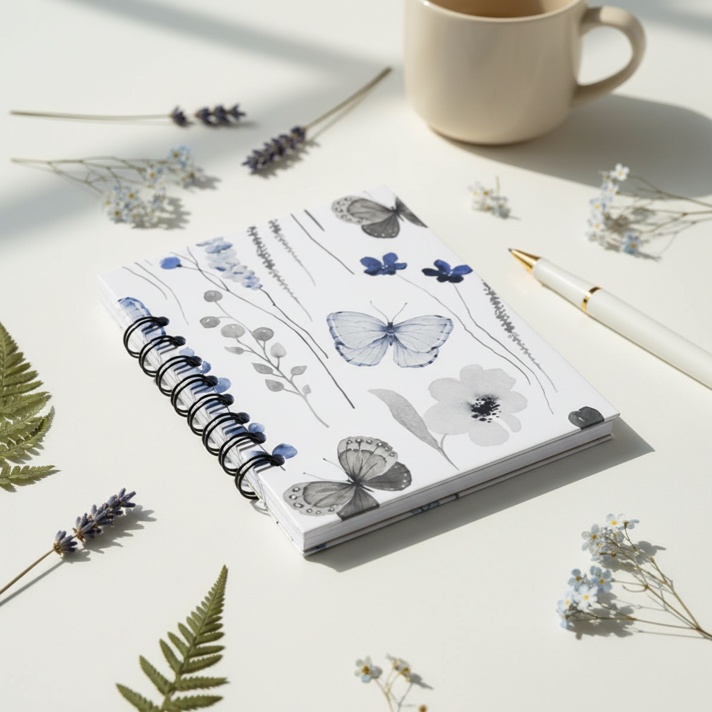 Blue and Grey Butterfly Floral Mini Notebook