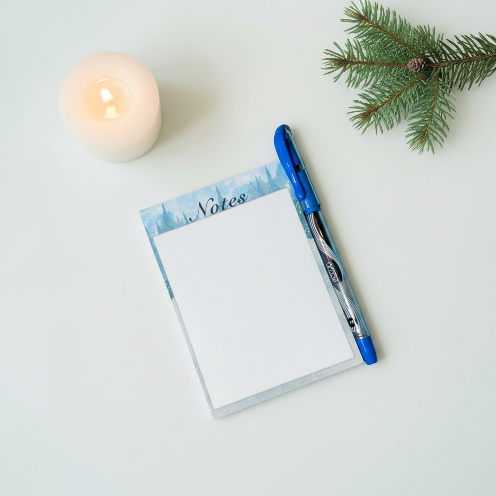 Winter Pines Notes Notepad open on desk with pen and candle — handmade 110 lb paper notepad
