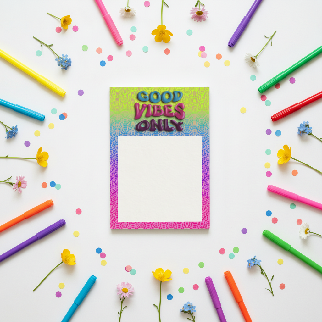 Overhead flat lay of Good Vibes Only notepad surrounded by colorful pens, bright flowers, and confetti on white surface