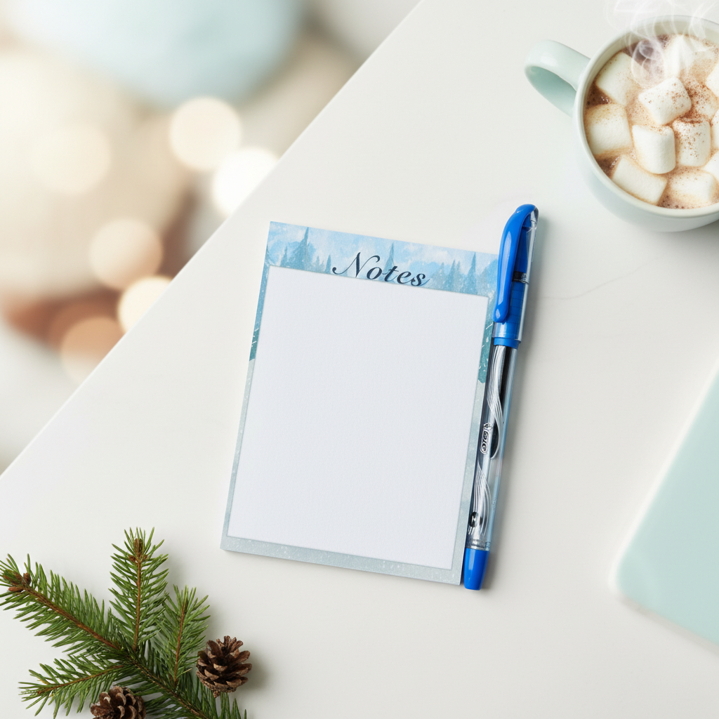Handmade Winter Pines Notes Notepad on white desk with pine sprig and cocoa — handmade stationery by Maggie Mae