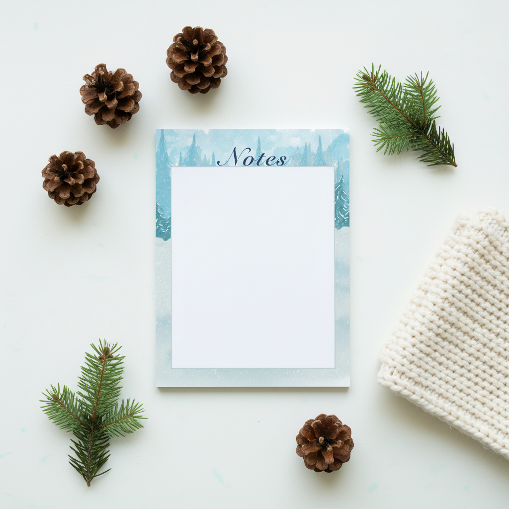Winter Pines Notepad flat lay with pine cones and cozy knit — original pine forest design, 40 sheets