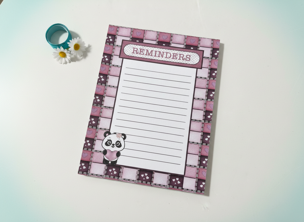 Remember Panda notepad (pink) front view on clean background