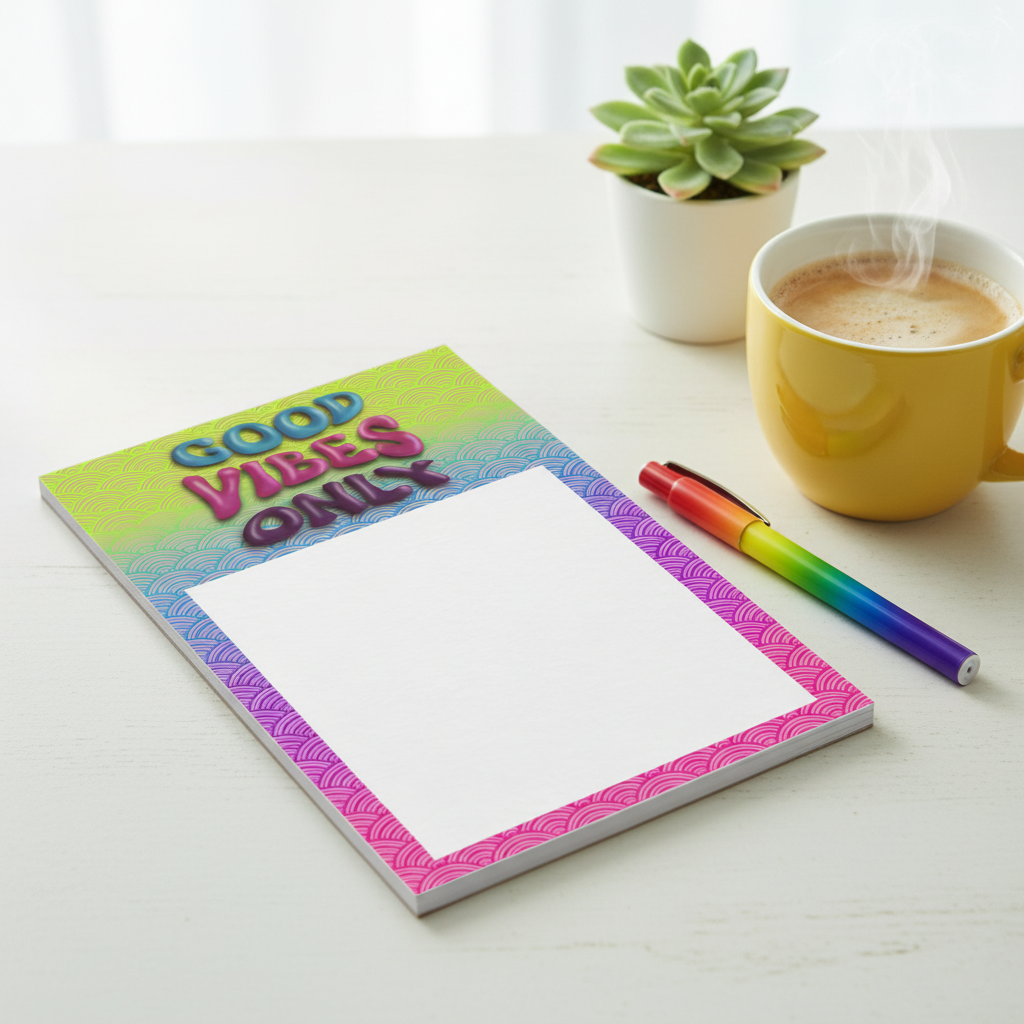 Cheerful desk lifestyle shot of Good Vibes Only notepad with coffee mug, succulent, and colorful pen