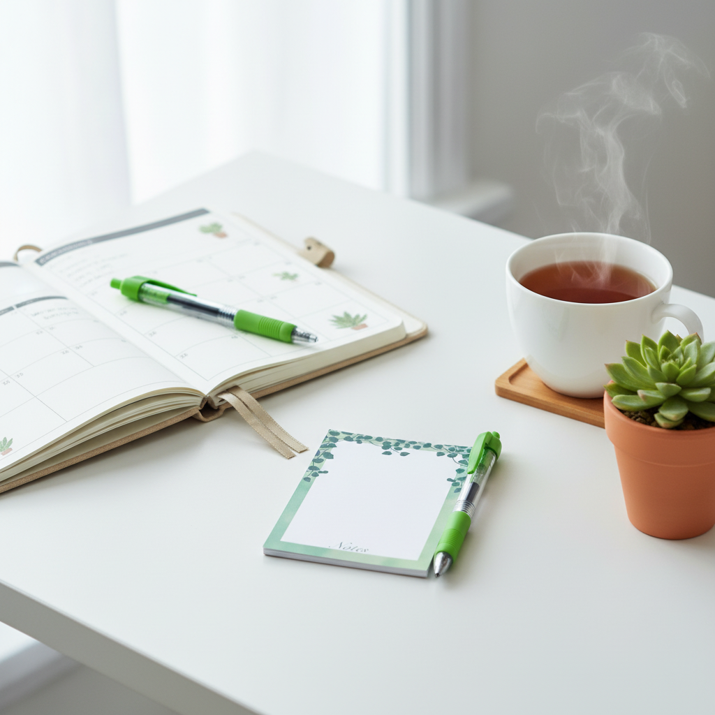 Cozy desk lifestyle shot of Verdant Vines notepad with tea cup, green plant, and open planner