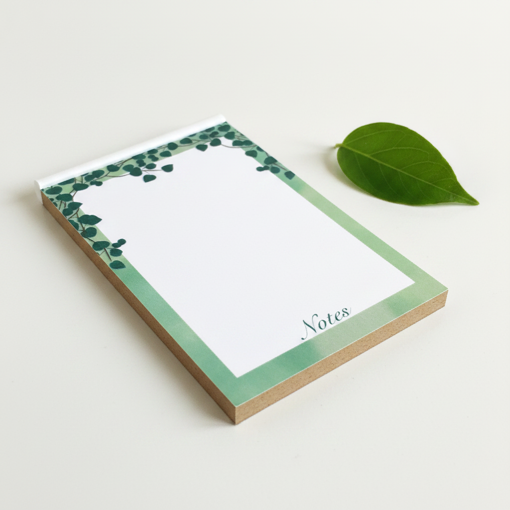 Close-up detail of Verdant Vines notepad showing chipboard backing and top-glued tear-off edge