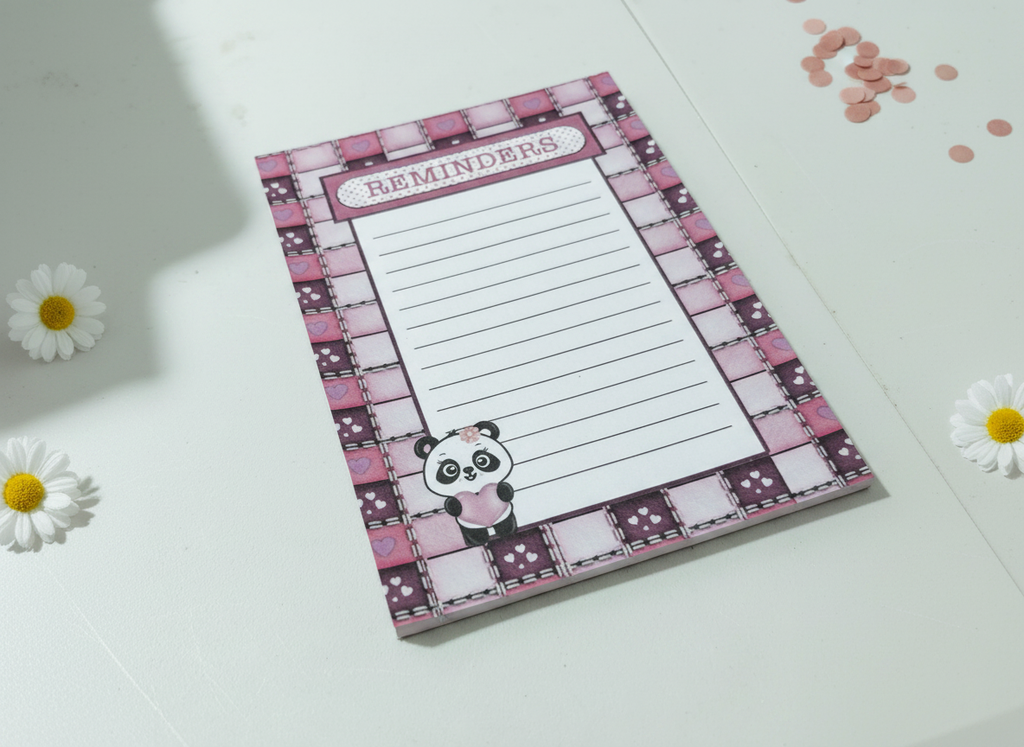 Remember Panda notepad (pink) angled view on clean background