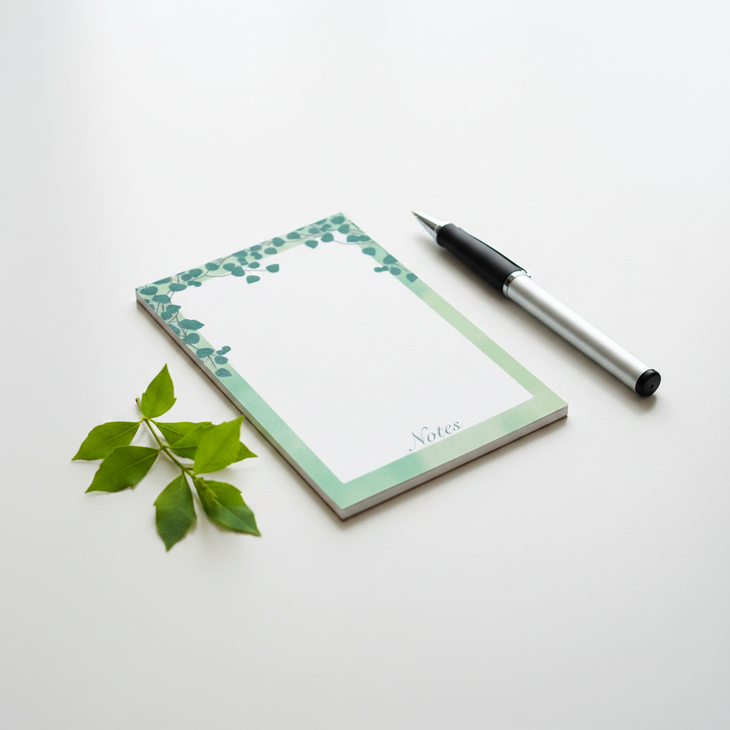 Verdant Vines handmade notepad 3.5x4.75 with green vine border artwork on white table with soft turquoise tint