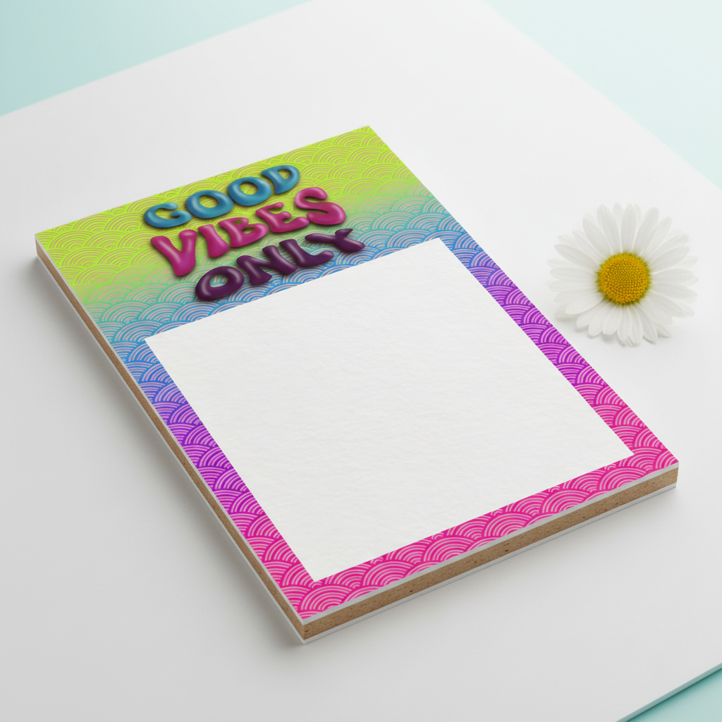 Close-up detail of Good Vibes Only notepad showing chipboard backing and top-glued tear-off edge
