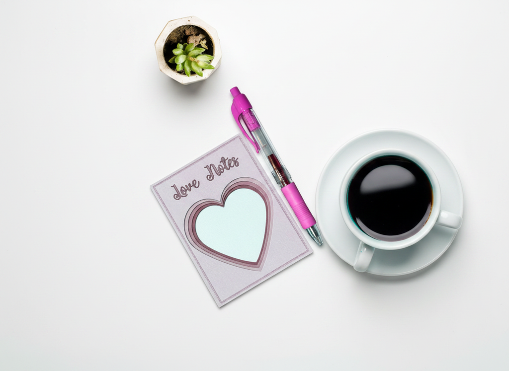 Love Notes Mini Notepad flat lay with coffee mug and succulent