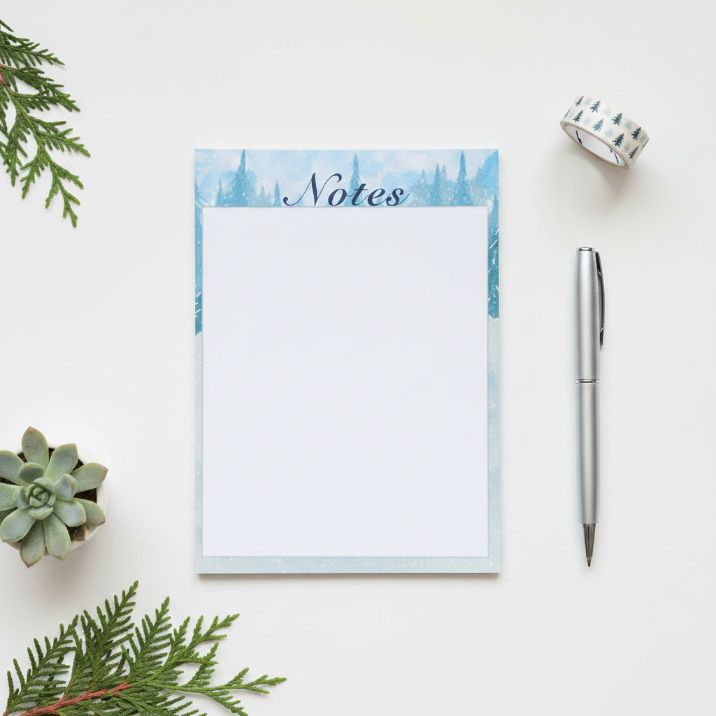 Winter Pines Notepad styled with pen and washi tape — compact 3.5x4.75 planner notepad