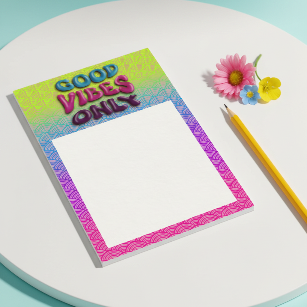 Good Vibes Only handmade notepad 3.5x4.75 with vibrant colorful artwork on white table with soft turquoise tint