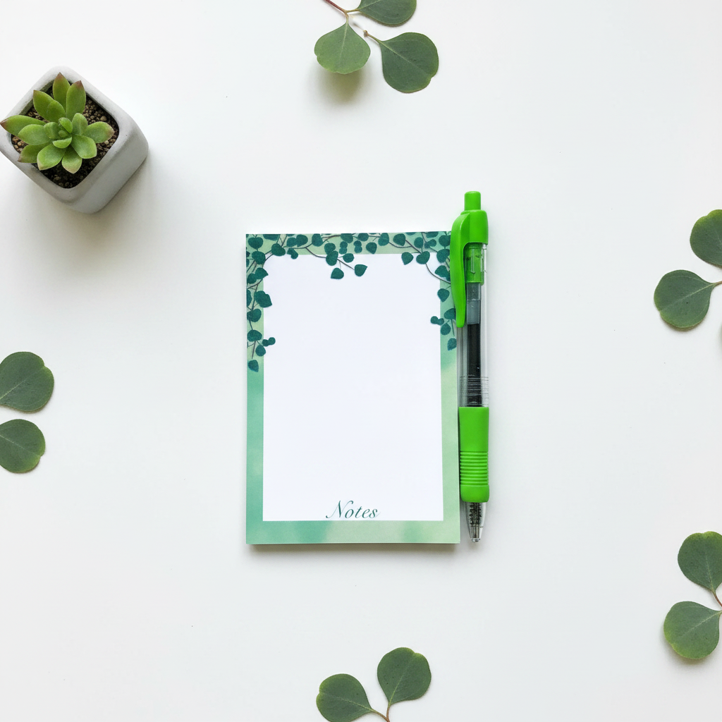 Overhead flat lay of Verdant Vines notepad surrounded by eucalyptus leaves, pen, and succulent on white surface